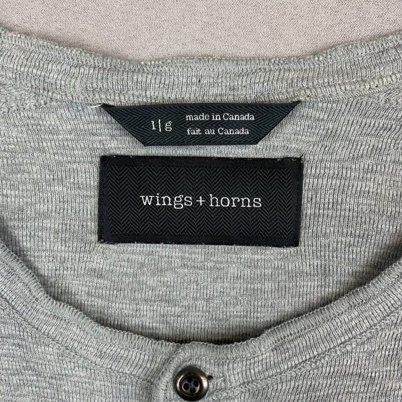 Wings + Horns Mens Shirt Large Gray Heather Slub Rib Henley Long Sleeve Knit - Picture 3 of 6